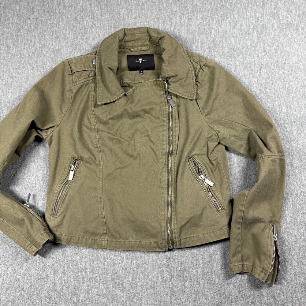 7 For All Mankind Jacket Women Small Olive Green Moto Twill Full Zip Utility Coa